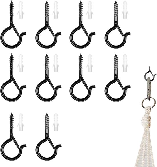 Pack van 10 Zwarte Schroefhaken - Schroefogen - Oogschroeven met Fuse Haak voor Plafondhaken en Wandhaken voor het Ophangen van Bloempotten van DazSpirit