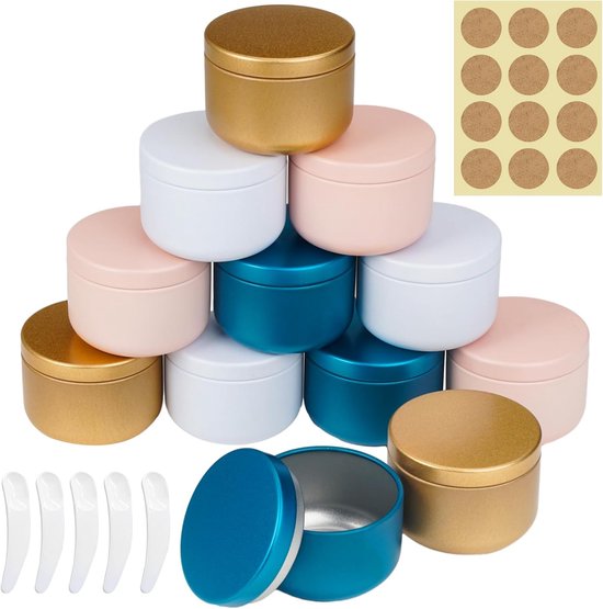 Pack van 12 lege aluminium potjes - crèmek potjes - 50 ml - met 12 ronde stickers en 12 spatels - monsters - vulpotjes - cosmetica - reis - ideaal voor make-up van Merkloos	
