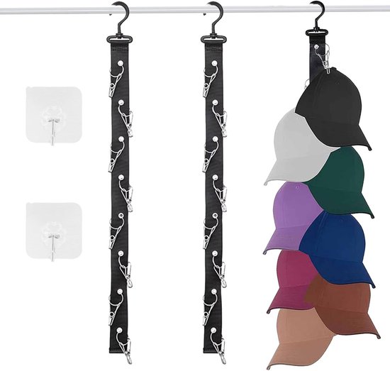 Pack van 2 cap holders - praktische wand cap holder - baseball cap holder - cap holder met 16 clips - cap organiser met 2 haken - zelfklevend - voor het opbergen van hoeden - basque cap en meer van Merkloos	
