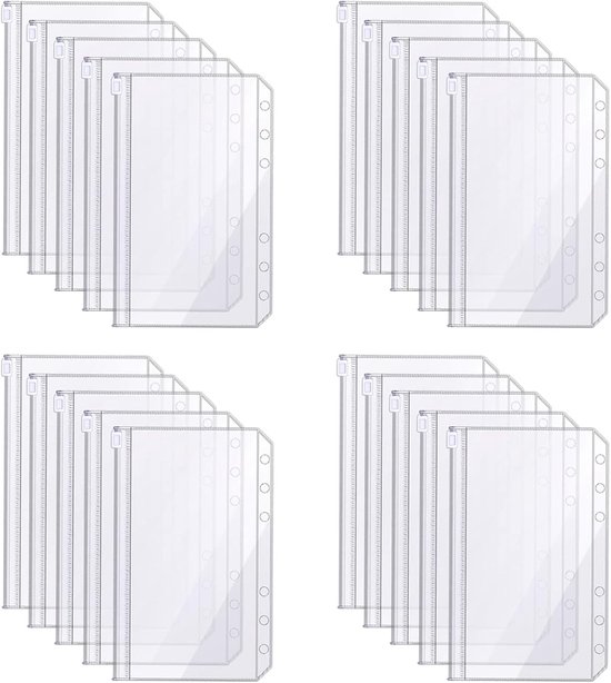 Pack van 20 A6 Ringbinders - 6 Gaten - Waterdichte Plastic Binder Tassen - Transparante Budget Enveloppen voor Geld - Notitieboek Planner Invoegpagina's - Losse Blad Pocket Foto van Merkloos	
