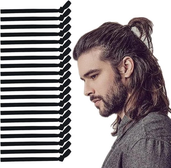 Pack van 20 Haarbanden voor Mannen - Elastische Haarbanden voor Lange Haarstijlen - Zwarte Haarbanden voor Krullend en Dik Haar