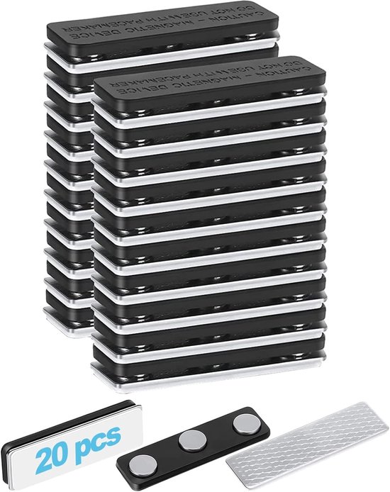 Pack van 20 Magnetische Kledinglabels - Magnetische Badgehouder - Plastic Metaal met 3 Neodymium Magneten - Zelfklevende Achterkant - Identificatietaak voor Uniform Jassen - Kleur: Zwart van Merkloos	
