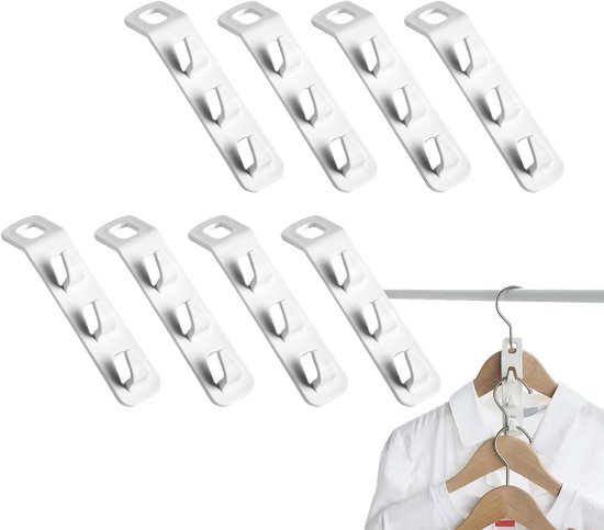 Pack van 8 Kledinghangers - Ruimtebesparend - Haken voor Hangers - Witte Houten Kledinghangers - Jassen Hangers - Verbinding Haken - Voor Meer Bruikbare Ruimte in de Kledingkast van Merkloos	