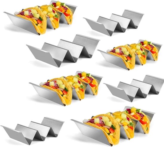 Pack van 8 tortilla houders met handvatten - taco houder van metaal - taco standaard van roestvrij staal - vaatwasmachinebestendig en ovenbestendig - perfect voor taco schelpen en ook als hotdog houder. van Merkloos	