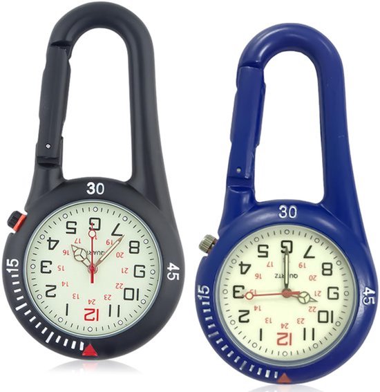 Pakket van 2 karabijnhaakhorloges, zakhorloge met karabijnhaakbevestiging, waterdichte karabijnhaakhorloges, zusterhorloge, lichtgevend analoog quartzhorloge, karabijnhaakhorloge voor fietsers, klimrugzak