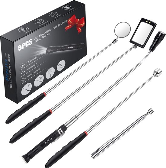 Pakket van 5 ophaalgereedschappen - Preciva magnetische telescopische magneetlift, inspectiespiegel met ledlamp van Preciva
