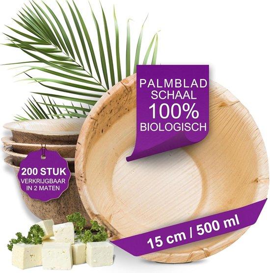 Palmblad Schaal – 200x Ronde Schaal Ø 15cm / 500 ml - Composteerbaar Eersteklas Wegwerp Schaaltjes - Wegwerp Borden Diep - Palmblad Soep Kommen