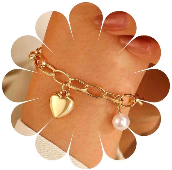 Parel Hart Goud Chunky Paperclip Ketting Poffant Armband Hanger Hart Liefde Armbanden Ronde Kralen Dangle Handketting Enkelband Sieraden Voor Vrouwen