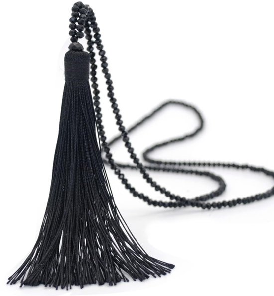 Parelketting, vintage lange dames-halsketting met kwast, parelaanhanger, kralenketting, truiketting, halssieraad, elegante parelketting sieraden voor dames, zwart