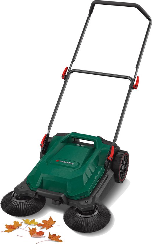 Parkside Veegmachine - Veegbreedte: 65 cm - Inhoud: ca. 24 l - Oppervlakte: max. 1800 m²/u - Roterend bezemsysteem met 2 schotelborstels en walsborstel voor het wegnemen van droog en vochtig veeggoed - Ruimtebesparend op te bergen