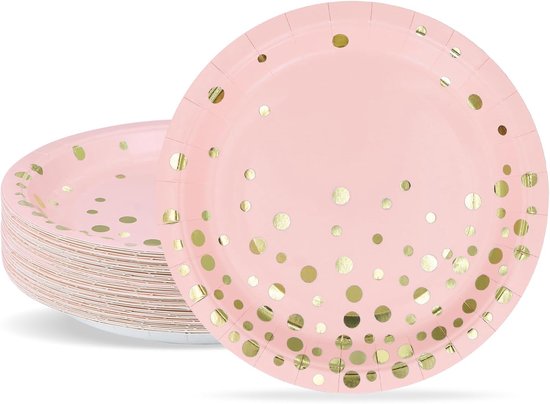 Partyborden, 23 cm papieren borden roze met goudfolie, 50 stuks wegwerpborden set voor bruiloft, verjaardag, afstudeerfeest, Kerstmis, bedankje