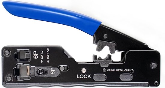 Pass Through RJ45-krimptang voor Cat5/Cat6/Cat7 met 20 x RJ45-stekker, netwerktester, LSA-installatiegereedschap, striptang en reparatieset (1 stuk)