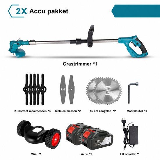 Pelor Grastrimmer Accu - Draadloze Bosmaaier met 2 Accu's - 1500W 12000RPM - 3 Messen - Telescopisch met Wielen 18V