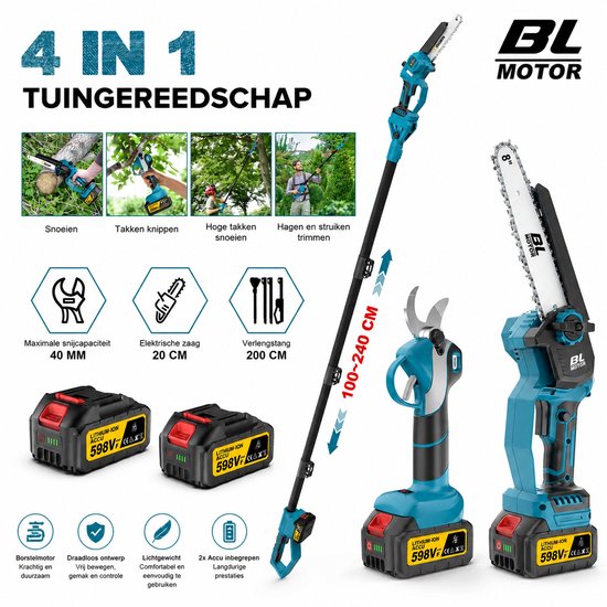 Pelor Snoeigereedschap Set 4-in-1 - Kettingzaag - Snoeischaar - Stokzaag - Telescopische Paal - 2 Accu's - 18V van Merkloos	