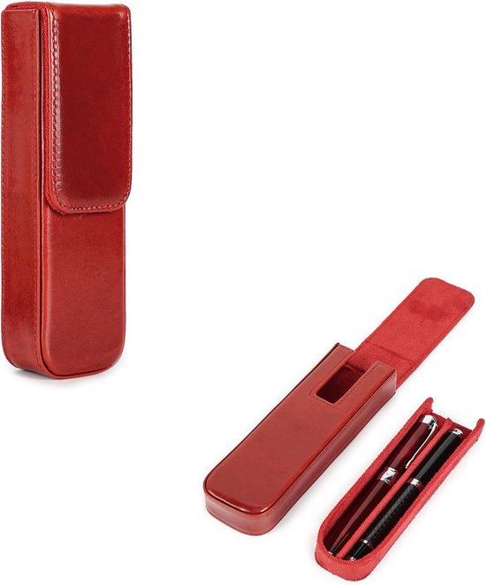 Pen Case Plantaardig Gelooid Leer Gemaakt Vulpen Opbergdoos Met Verborgen Magnetische Snap Sluiting Ontwerp, Rood, For 2 Pens, Modern design