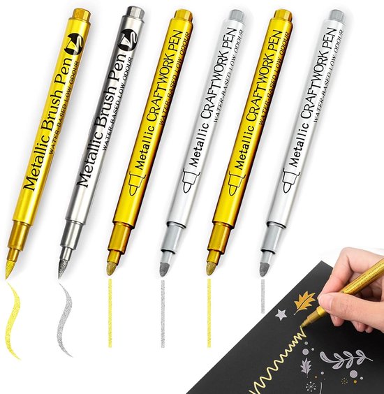 Pennen metallic marker - 6 stuks - zilvergouden pen - acrylverf - dikke en fijne punt - ambachten - scrapbooking - rock schilderij van Merkloos	