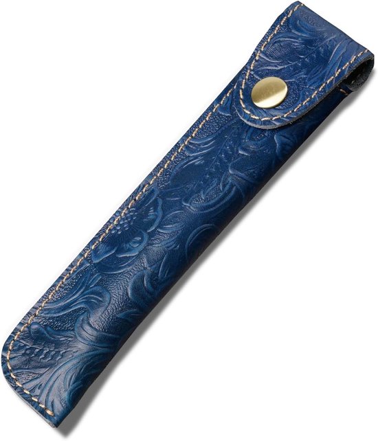 Pennenetui, beschermhoes voor vulpen, metalen knoop, handgemaakt, echt leer, draagbare pennen etui voor touchpen, pen, potloden, Blauw, 3,5 x 17 cm, Blauw