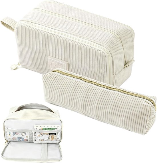 Pennenetui van corduroy, etui met 3 vakken, grote capaciteit, pennenetui, voor school en kantoor (beige, 2 stuks)
