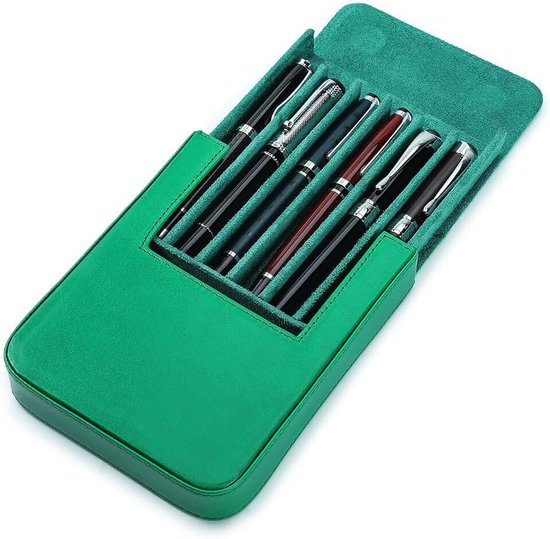 Pennetui van leer Draagbare pennenhouder met verborgen magnetische kliksluiting en afneembare pennenhouder Design lederen pennenetui, Groen, For 6 Pens