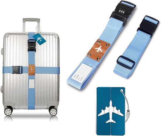 Persoonlijke Verstelbare Luggage Belt - Luggage Straps met Trunk Hanger en Adresplaat - Veiligheid voor Bagage (2 Stuks, Sky Blue) van Merkloos	