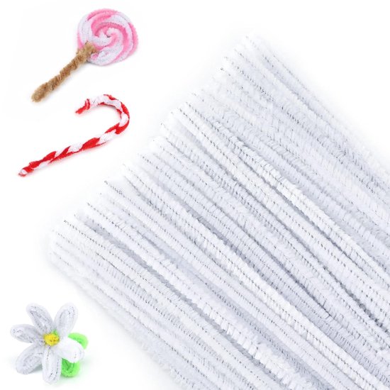 Pijpenreiniger 100 stuks - wit chenilledraad - 30 cm buigpluis voor kinderen - knutselen en decoreren van Merkloos	