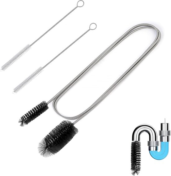 Pijpreinigingsborstelset met dubbele kop (2 m) + 2 x slangborstels (20 cm) – flexibele afvoerborstel voor buizen, afvoeren, aquarium en huishouden (zwart)