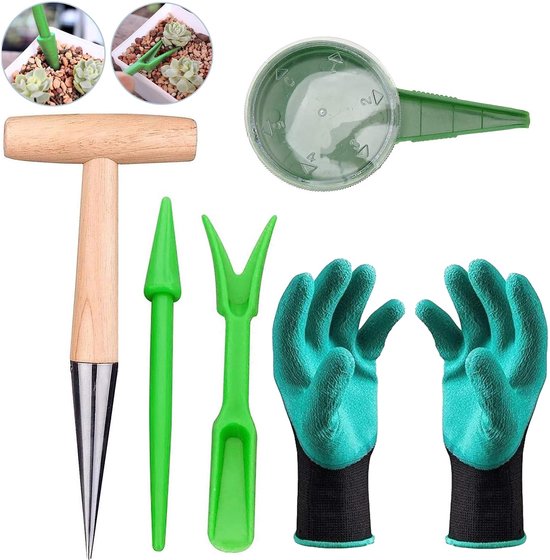 Pikierstaaf Set - 5-delig Tuingereedschap met Pikierhout, Zaaimachine, Plantgereedschap en Handschoenen - Voor het planten en bloembollen
