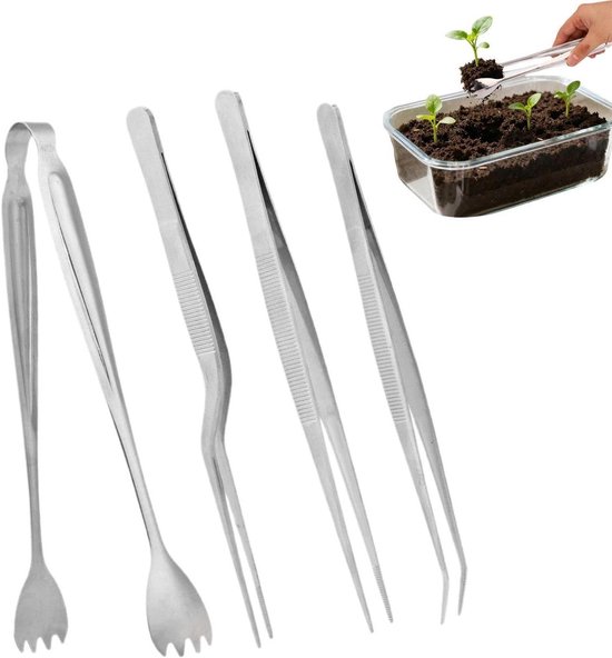 Pincet voor planten - Tuinpincet zaailing - Zaailingen verplanten - Vervormingsbestendig roestvrij staal - Set van 4 - Zilverkleurig