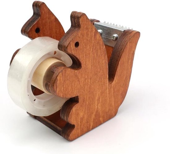 Plakbanddispenser - houten plakbanddispenser - eekhoornvorm - afroller voor plakbandrollen - met transparant plakband - breedte van 23 mm