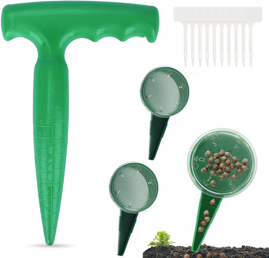 Plantenbak - 5 Stuks - Tuingereedschap - 3 Zaadplanter - 1 Perforator - 10 Plantenlabels - Tuinplanter Met Handvat - Zaden Uien - T-Vormig - Gemakkelijk Gaten Graven - Geschikt Voor Het Zaaien Van Zaden, Het Planten Van Bloembollen En Het Spitten van Merkloos	