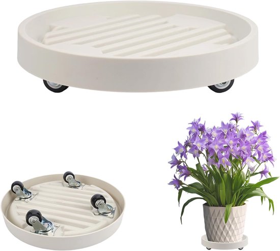 Plantenbak op wielen - Ronde, verrijdbare plantenstandaard - Plantenwagen - Ronde plastic wielen - Verplaatsbare plantenbakbasis - Geschikt voor binnen- en buitengebruik - Wit van Merkloos	