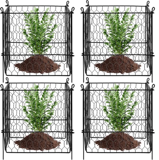 Plantenbeschermers - Set van 4 plantenkooien - Afmeting 34 x 34 cm - Metalen kippengaas - Beschermt tegen konijnen kippen en eekhoorns - Voor buitenplanten bloemen en groenten van Merkloos	