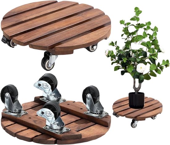 Plantenroller - bloempotonderzetter - 360° vergrendelbare wielen - heavy duty rolplank - houten rolplank met binnen en buiten - weerbestendig - onderzetter voor bloemen en planten - tuinaccessoires - plantenverzorging van Merkloos	