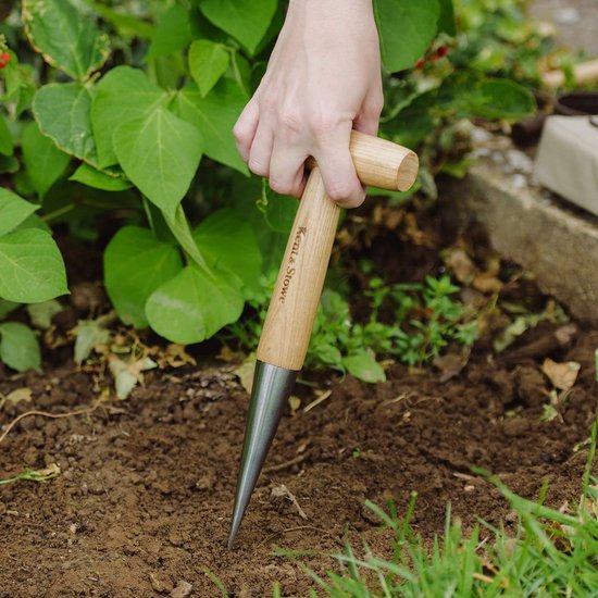 Planthout, van roestvrij staal, voor het planten van uien en zaailingen, pikeerstaaf met handvat van essenhout, lengte: 28,5 cm van TuindersBeste