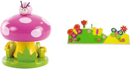 Playwood Muziekdoosje houten Paddenstoel met lieveheersbeest en een Kinderkapstok vlinder U krijgt 2 artikelen geleverd voor de prijs van 1 van Playwood