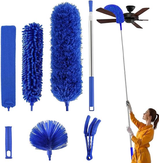 Plumeau Set - Stofwisser Telescoop - Hoge Plekken Schoonmaken - Uittrekbaar tot 250cm - 7 Stuks - Blauw