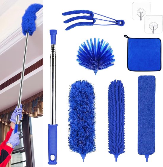 Plumeau set - Stofwisser uittrekbaar - Hoge plekken reinigen - 9-delige reinigingsuitrusting - 28 meter lang - Blauw