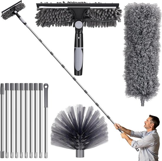 Plumeau Telescoop - Stofwisser Mop - Hoge Oppervlakken Reinigen - Uittrekbaar tot 6m - 3 stuks - Grijs