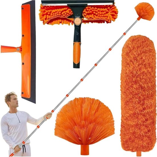 Plumeauset met bereik - Stofwisser telescoop - Hoogte reinigen - Draaibare kop - 6 meter - Oranje