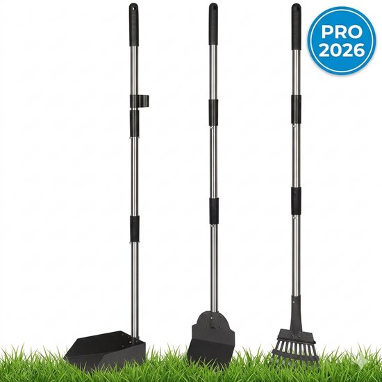 Poepschep Hond XL - Pooper Scooper - Verstelbaar 95 cm - RVS Set met Hark & Opvangbak - Nooit Meer Bukken - Zwart van Merkloos	
