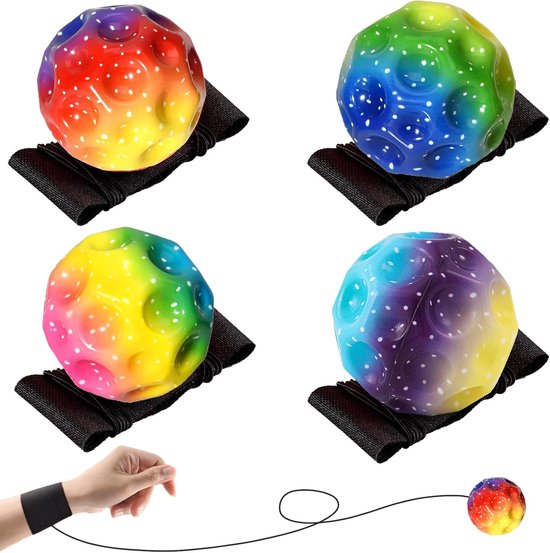 Polsbal met elastiek - meerkleurig - maan bouncing bal - 6 cm maanbal - rebound-bal voor kinderen - Space Ball met Extreme High Bounce - speelgoed voor volwassenen en kinderen - 4 stuks van Merkloos	