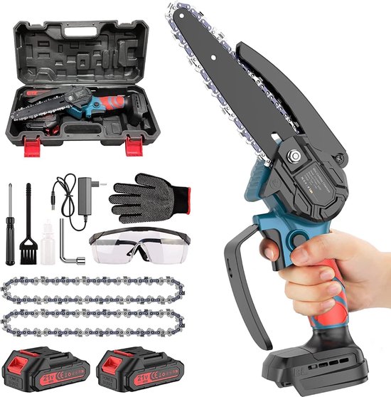 Ponoseu - Mini Kettingzaag - Elektrische Kettingzaag met 2 Accu's - Snoeizaag - Tuinieren - Krachtige Kettingzaag - Handkettingzaag - Elektrische Snoeischaar - Inclusief 2 Accu, 2x Ketting, Handschoenen, Bril en Opbergkoffer van Ponoseu