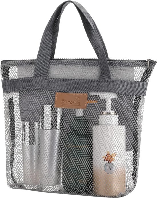 Portable Mesh Shower Bag with Zipper and 2 Pockets - Quick Dry Hanging Bath Organizer for Travel, College Dorms, Gym, Camp, Beach, Swimming (Grey) van Merkloos	