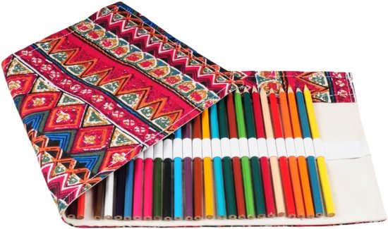 Potlood Wrap Grote Capaciteit Canvas Pen Gordijn Schets Kleurpotlood Rol In Nationale Stijl Pennenzak-Red-108 Holes