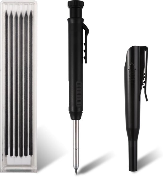 Potloodset voor het maken van diepe gaten - mechanische massieve timmermanspotloden met ingebouwde slijper - houtbewerking automatische potloden met pennenkap en 6 vervangende stiften (zwart) van Merkloos	