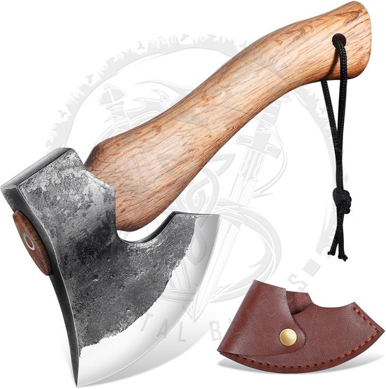 Prachtig afgewerkte bijl in Noorse Viking stijl, Stevig handvat met een kort, klein geruwd RVS blad van Prächtig