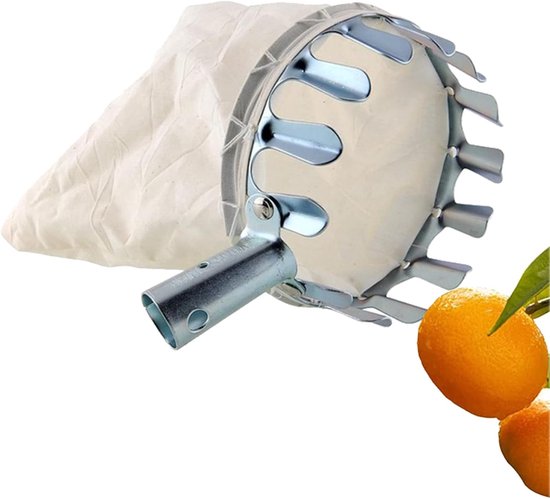Praktische fruitplukker met metalen steel en stoffen zak voor het plukken van appels en ander fruit, geschikt voor de meeste handvatten