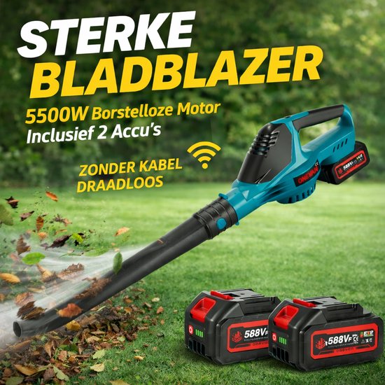 Premium Accu Bladblazer 5500W – 2x Accu's - Borstelloze Motor – 5 Standen – 180 m/s – Inclusief 2 Accu’s – Sterk&Krachtig - Handblazer voor Tuin & Werkplaats & oprit & garage & werkplaats & auto Bladeren schoonmaken van Merkloos	
