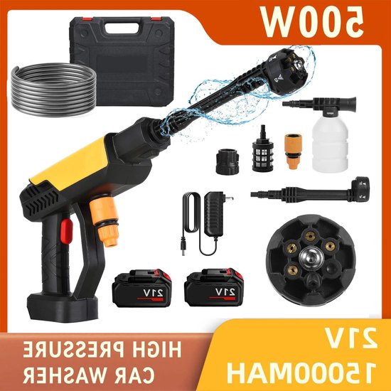 Premium - Draadloze hogedrukreiniger - Auto's - 70 BAR - 6,3L/min - 5m slang - 6-in-1 spuitpistool - Huis - Tuin - Terras - Geschikt voor diverse reinigingsklussen met 21V 500W motor van Merkloos	