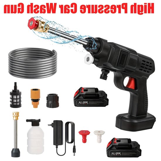 Premium - Draadloze hogedrukreiniger - Dubbele accu - Draagbaar - 40 minuten looptijd - 10 meter spuitbereik - Geschikt voor reinigen - Zwart model met 1300mAh accu's van Merkloos	